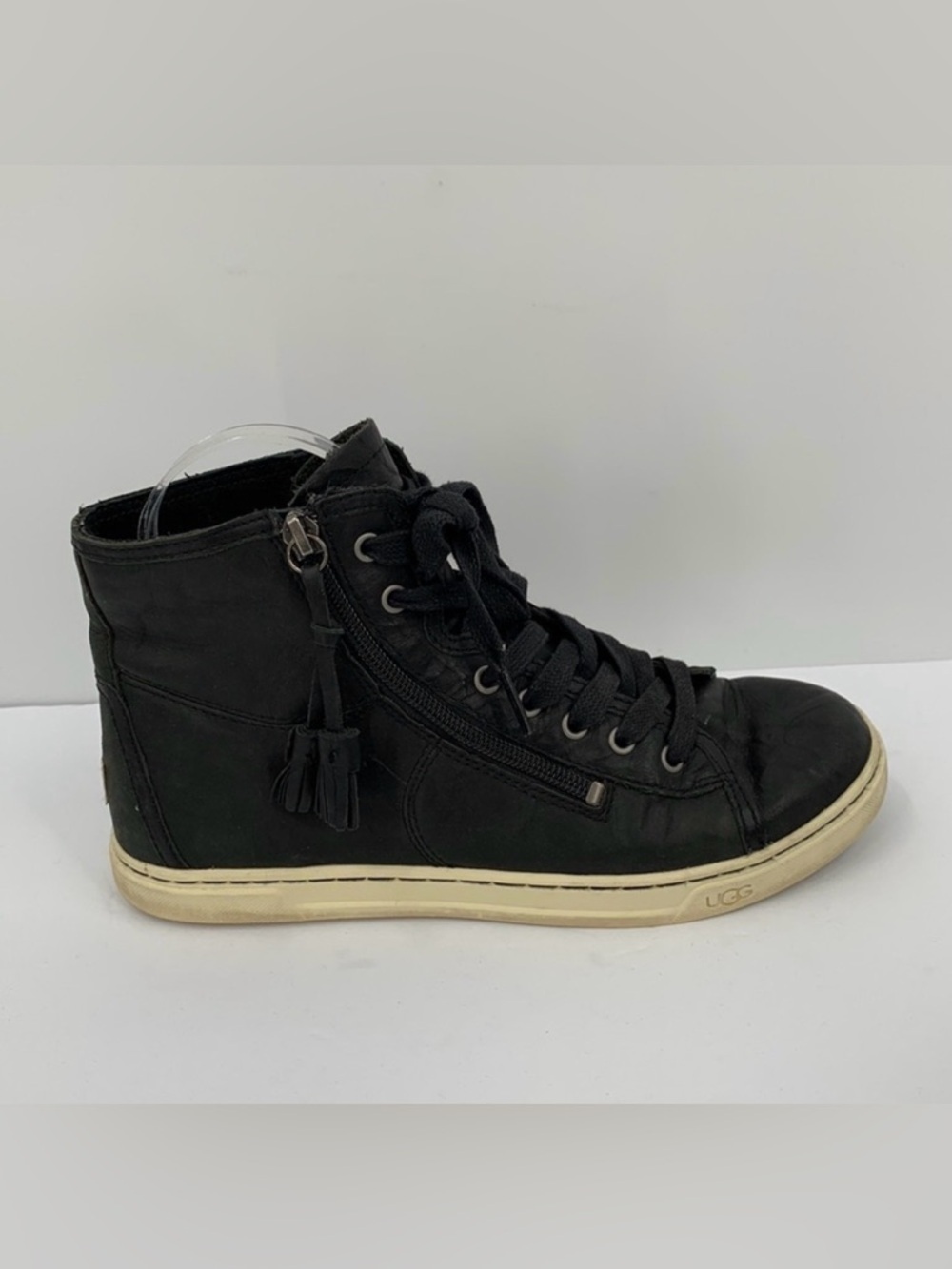 UGG high top black leather sneakers shoes lace tie zipper women 8